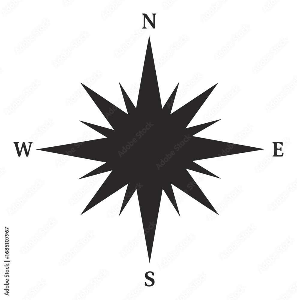 Obraz premium Black compass rose with the cardinal directions North, South, East, and West labeled.