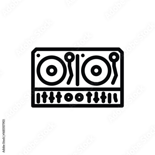 A black and white vector graphic of a sound mixing board with knobs sliders and circular elements. Editable stroke. Vector illustration