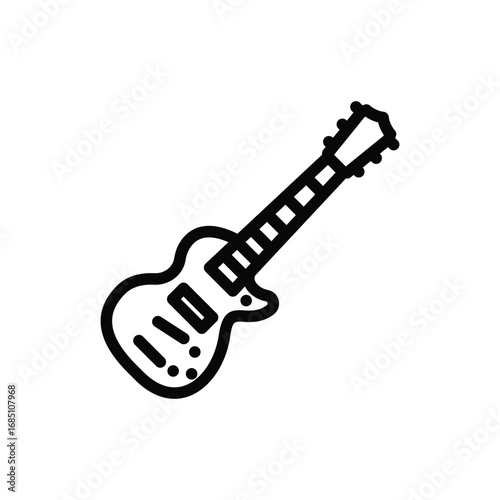 A black line art drawing of an electric guitar displaying the body neck frets pickups and headstock on a white background. Editable stroke. Vector illustration