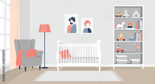 Cozy nursery room with crib armchair bookshelf and toys creating a warm and inviting atmosphere for a baby