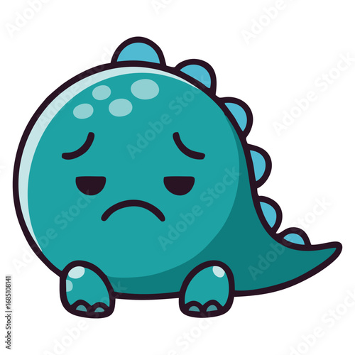 A cute, round, teal cartoon dinosaur with a sad and disappointed expression on its face.