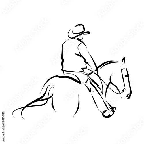 A Cowboy Silhouette Astride a Galloping Horse, Rodeo Style Illustration with Line Art Elements