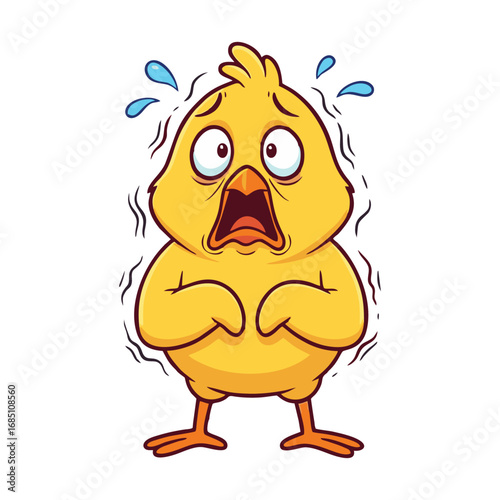 A cartoon yellow chick looking terrified, sweating and shaking with fear.