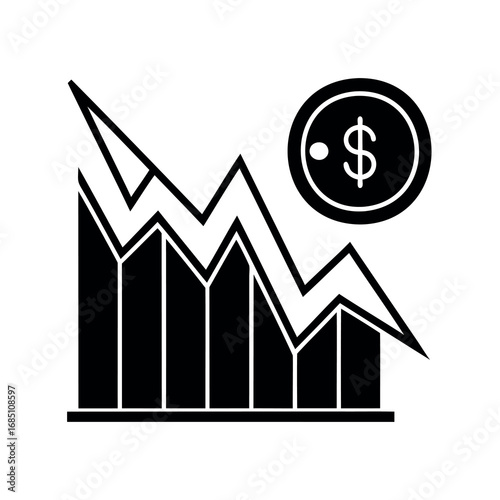 Downward trending stock market chart with a dollar symbol coin indicating losses