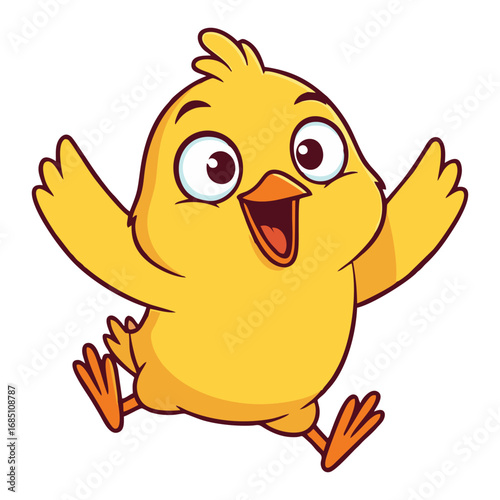 A cheerful yellow cartoon baby chick running happily with its wings outstretched.