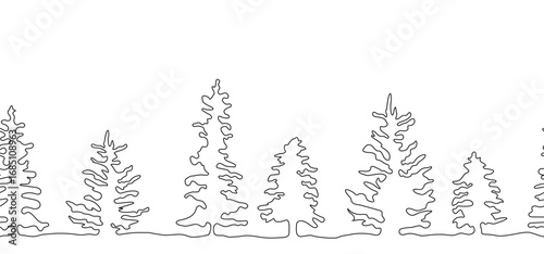 silhouette of forest winter trees. seamless pattern, Evergreen coniferous nature. Pine, spruce, tree in the style of one line. winter elements isolated on a white background. for print, banner