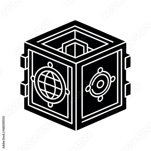 Isometric abstract box or cube, containing designs of globe and orbital