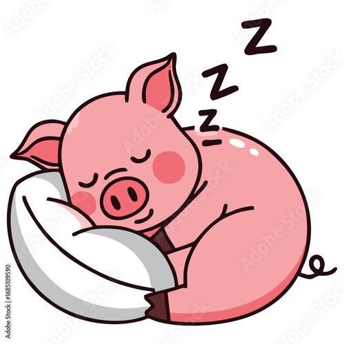 A cute pink cartoon piglet sleeping soundly on a white pillow, dreaming peacefully.