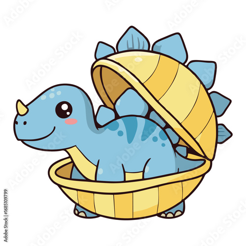A cute blue cartoon dinosaur with back plates sitting inside an open yellow clamshell.