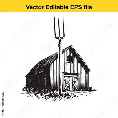 Rustic barn with pitchfork in front, country farm building illustration