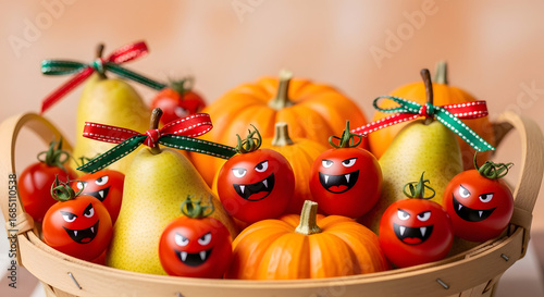 Festive halloween basket overflowing with decorated pumpkins and pears featuring spooky faces and ribbons for autumn celebrations