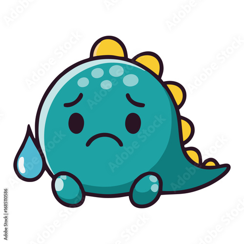 A cute cartoon dinosaur character looking sad and crying a single large tear.