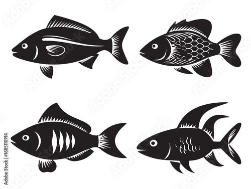 Stylish fish silhouette icons set design for fishing concepts