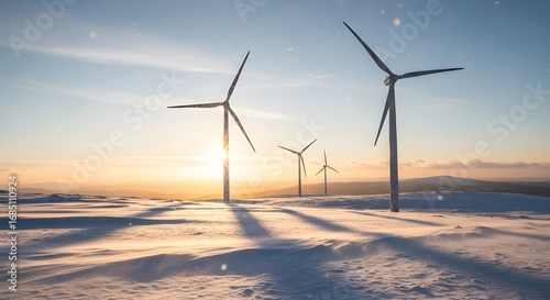 Stunning winter sunset illuminates wind turbines on snowy mountain landscape creating clean energy