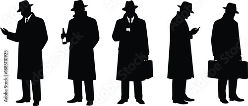 Silhouettes of mysterious men in trench coats and hats using phone, holding briefcase, secretive spy detective concept background