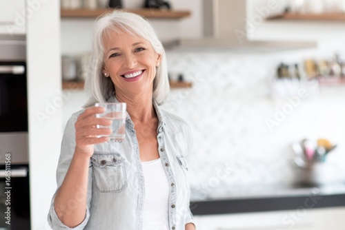 Senior Woman Smiling and Holding Glass of Water in Modern Kitchen Setting.