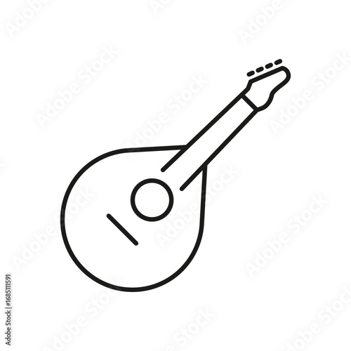 A line drawing of a mandolinlike instrument with a rounded body and strings. Editable stroke. Vector illustration