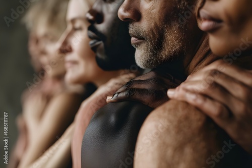 People of different nationalities and skin colors are standing close to each other, showing unity and equality of different cultures. Munticultural. Culture diversity. Equality