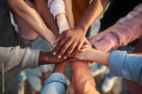 Hands of people of different nationalities and skin colors are extended to each other, showing unity and equality of different cultures. Munticultural. Culture diversity. Equality. Team
