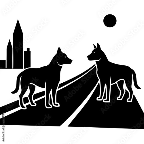 Homeless Dogs on City Road Vector Illustration