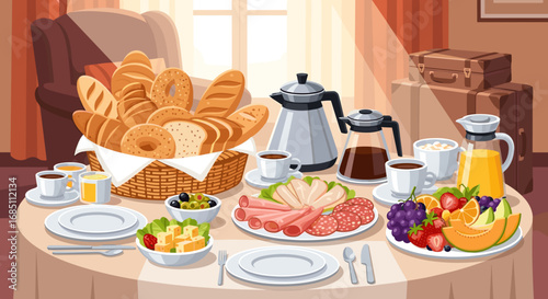 A breakfast spread on a round table with bread basket, coffee, juice, fruit, and meat selections displayed