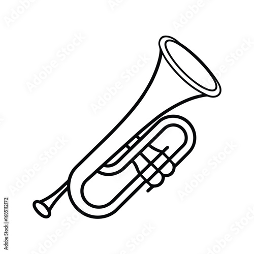 A line drawing of a trumpet showing its bell valves and mouthpiece in black on a white background. Editable stroke. Vector illustration
