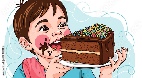 A boy eating a large slice of chocolate cake with colorful sprinkles and chocolate smudges on his face