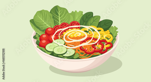 A vibrant salad in a white bowl featuring lettuce tomatoes cucumbers peppers and a creamy dressing swirl