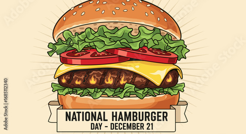Illustration of a hamburger with lettuce, tomato, cheese, and a sesame seed bun for national hamburger day