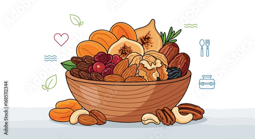 Illustration of a wooden bowl filled with assorted dried fruits and nuts on a white background design