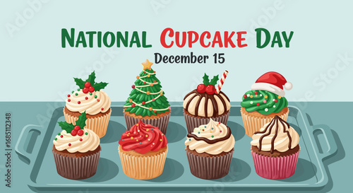 National cupcake day december fifteenth with christmas themed cupcakes on a serving tray illustration