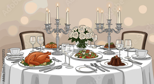 A beautifully set dining table with a roast turkey and elegant decorations for a special occasion event