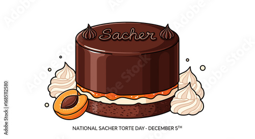 Illustration of a sacher torte with apricot jam and whipped cream for national sacher torte day december
