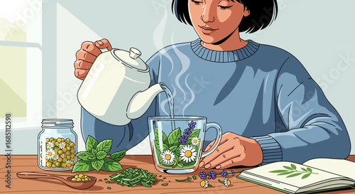 Woman pouring hot water from kettle into a glass mug with herbs on a wooden table near an open book