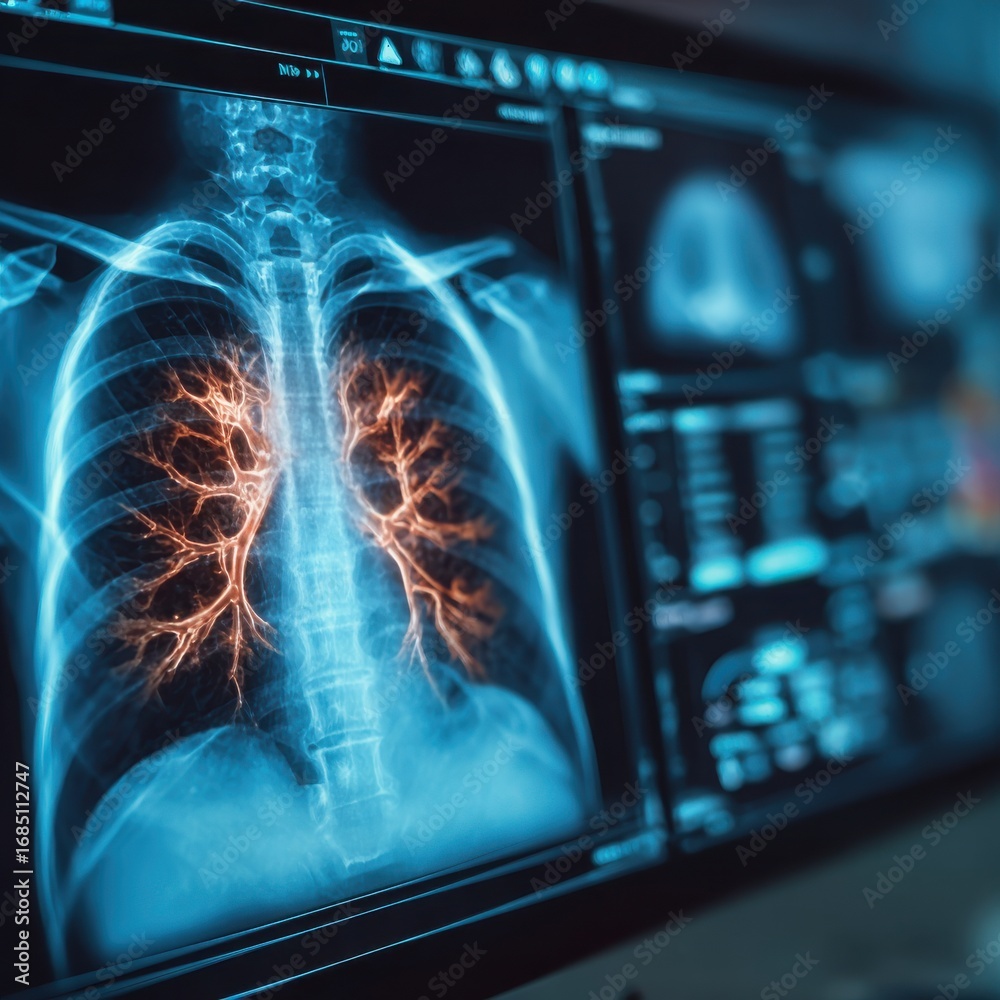 Obraz premium Close-up of X-ray image of human chest lungs shown on monitor screen by modern computer laboratory equipment