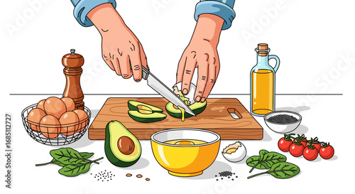 Hands slicing avocado on wooden board with eggs spinach tomatoes and oil bottle on white surface scene