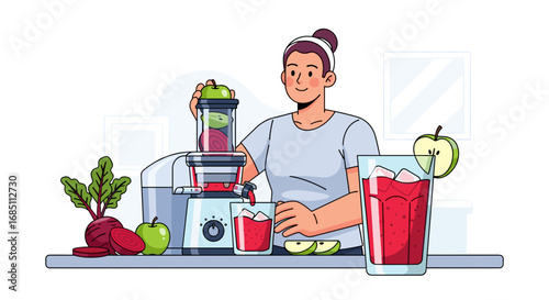 Woman making fresh juice with juicer using apples and beets in kitchen with glass of juice on counter