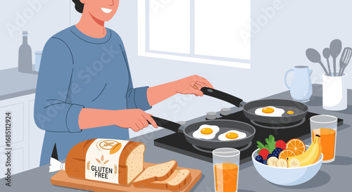A person cooking eggs in pans next to gluten free bread and a bowl of fruit in a bright kitchen setting