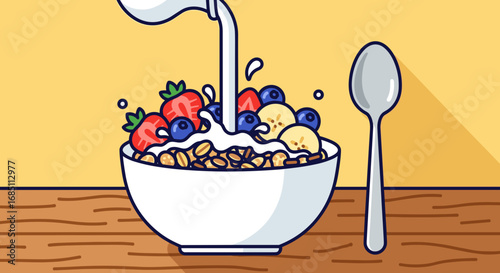 Illustration of a bowl of cereal with milk being poured in, topped with fruit and a spoon to the side