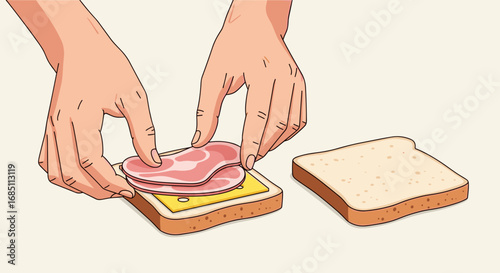 Hands placing ham on cheese on bread slice next to another bread slice on a light background view
