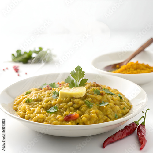 A wholesome plate of mung bean khichdi, gently spiced and topped with ghee a nourishing,