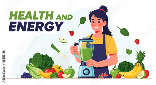 Woman making a green smoothie with a blender surrounded by various fruits and vegetables for health and energy