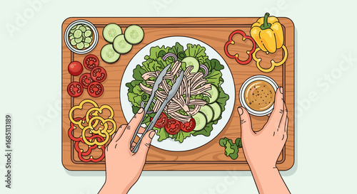 Overhead view of a salad being prepared with tongs on a wooden board with various ingredients around it