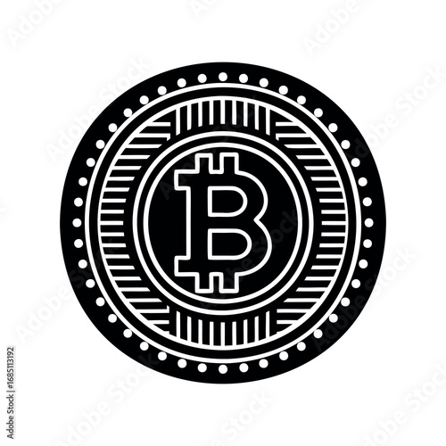 Abstract Bitcoin coin design with decorative elements in black and white