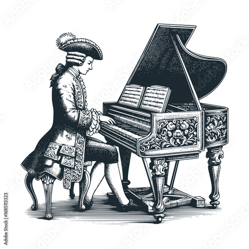 The medieval pianist – Black and White Icon Vector and Illustration