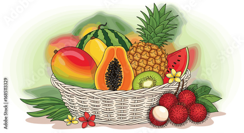 A colorful assortment of tropical fruits including mango pineapple watermelon and papaya in a woven basket