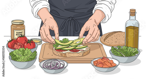Person preparing avocado toast with tomatoes, lettuce, red onion, and gourmet mustard on a wooden board