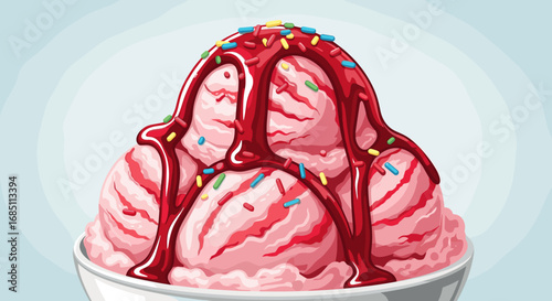 Illustration of a strawberry ice cream with chocolate syrup and sprinkles in a white paper cup design
