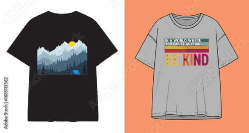 Two t shirts with graphic designs one black with mountains and one gray with text