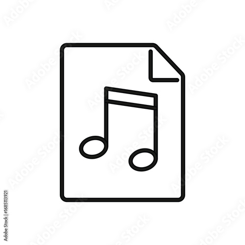 A music file icon depicted as a document with a folded corner containing a musical note symbol. Editable stroke. Vector illustration